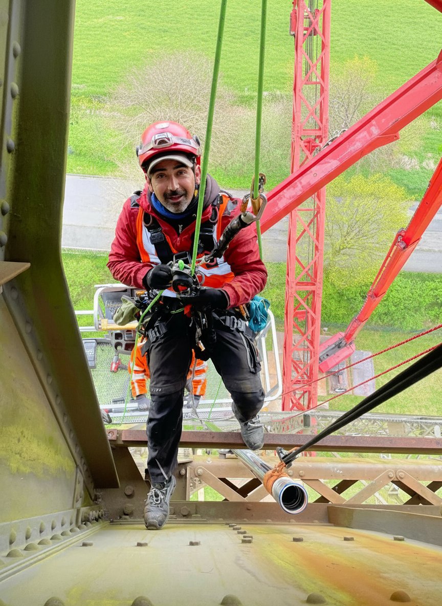 Arash B. Pour am Seil im Stahltragwerk